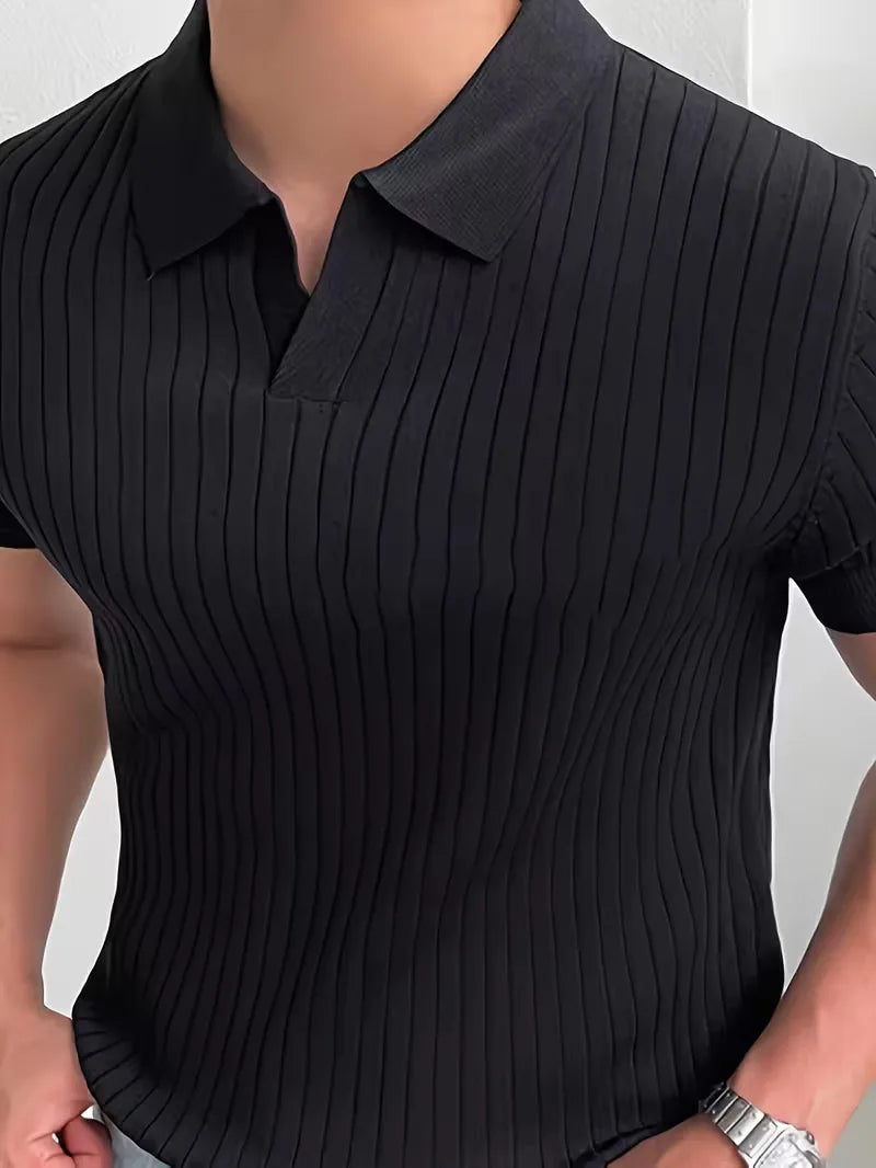 Polo with V-neck and ribbed texture