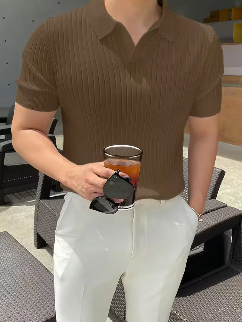 Polo with V-neck and ribbed texture