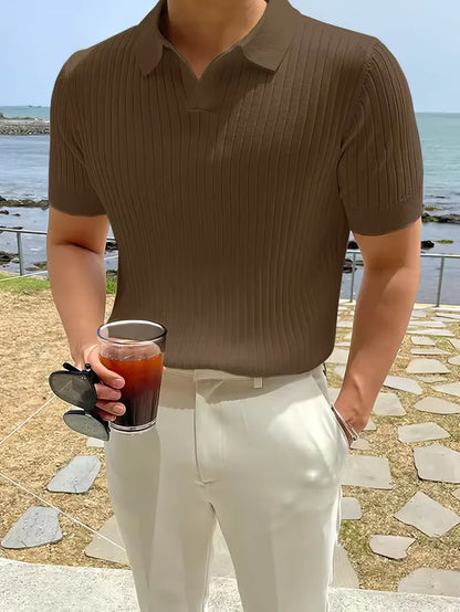 Polo with V-neck and ribbed texture