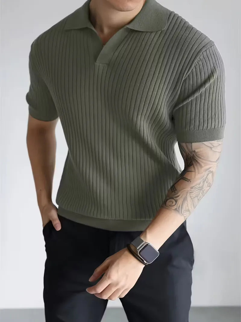 Polo with V-neck and ribbed texture