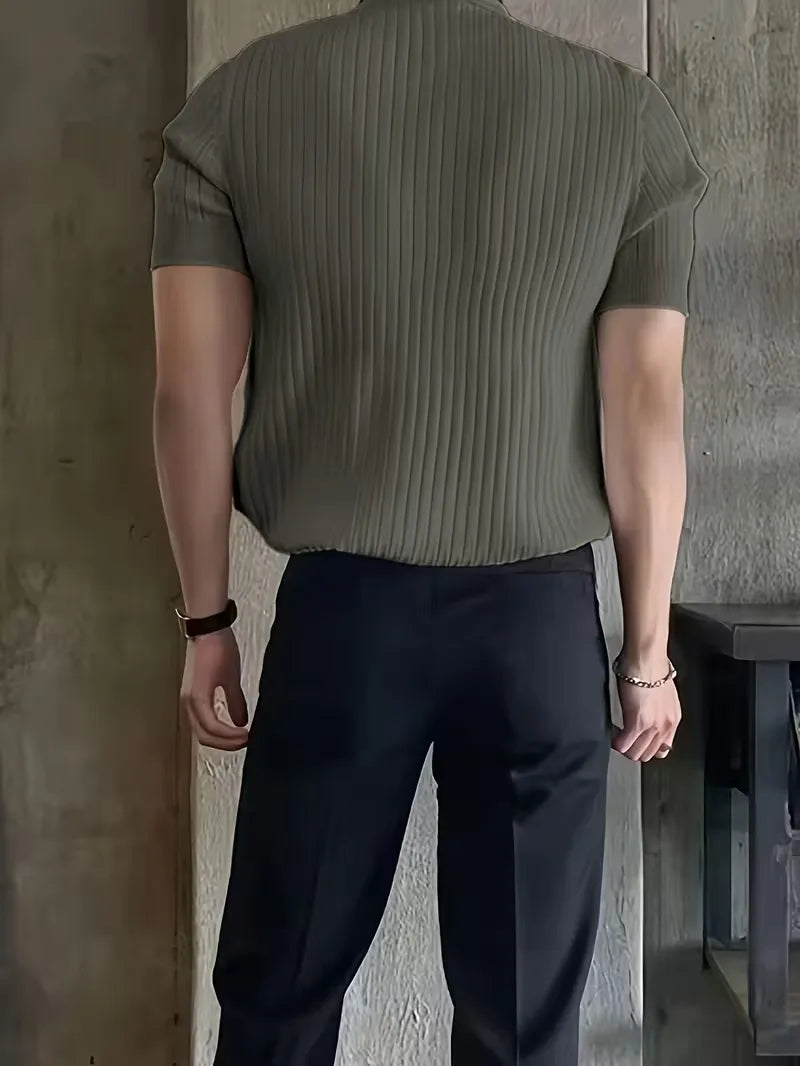 Polo with V-neck and ribbed texture