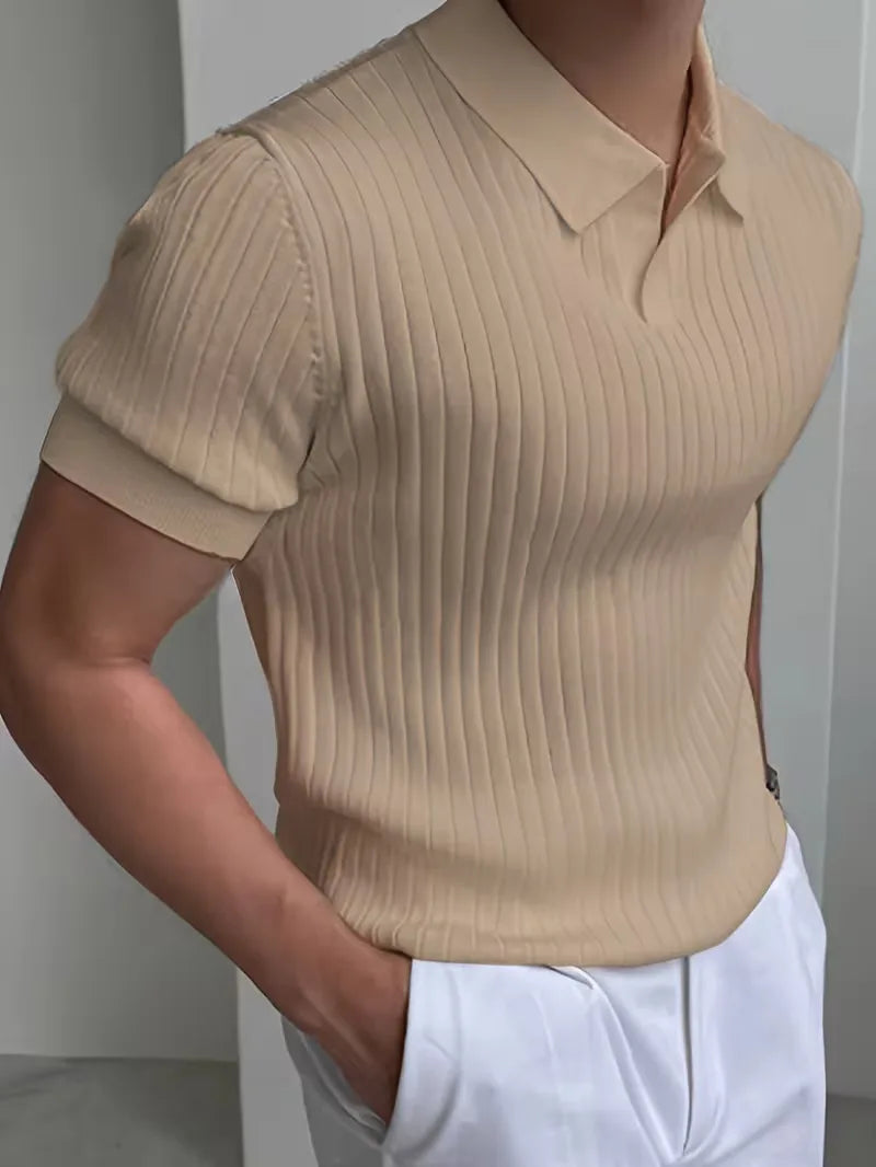 Polo with V-neck and ribbed texture