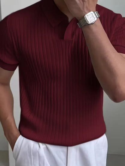Polo with V-neck and ribbed texture