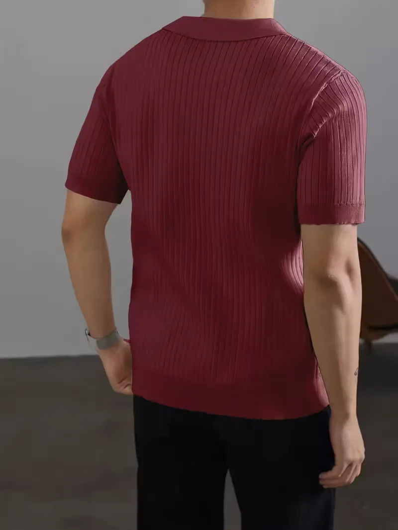 Polo with V-neck and ribbed texture