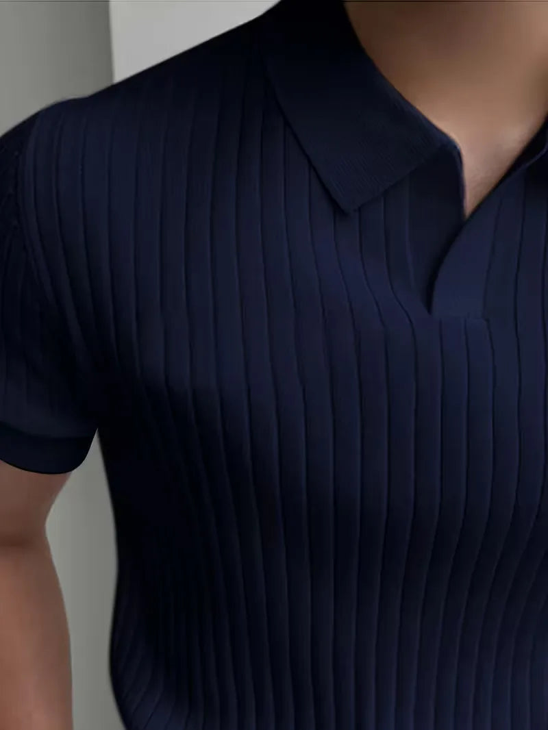 Polo with V-neck and ribbed texture