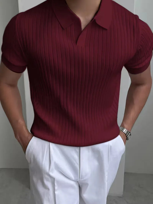 Polo with V-neck and ribbed texture