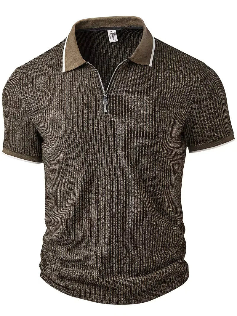 Polo with Zip Collar and Ribbed Texture