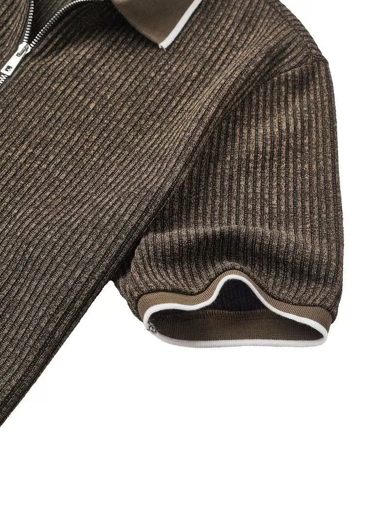 Polo with Zip Collar and Ribbed Texture