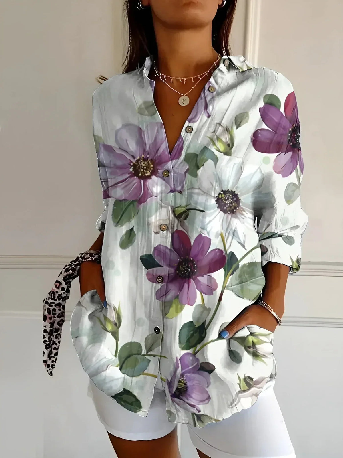 Blouse with Floral Print and Long Sleeves for Women
