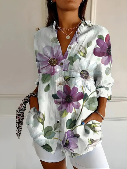 Blouse with Floral Print and Long Sleeves for Women