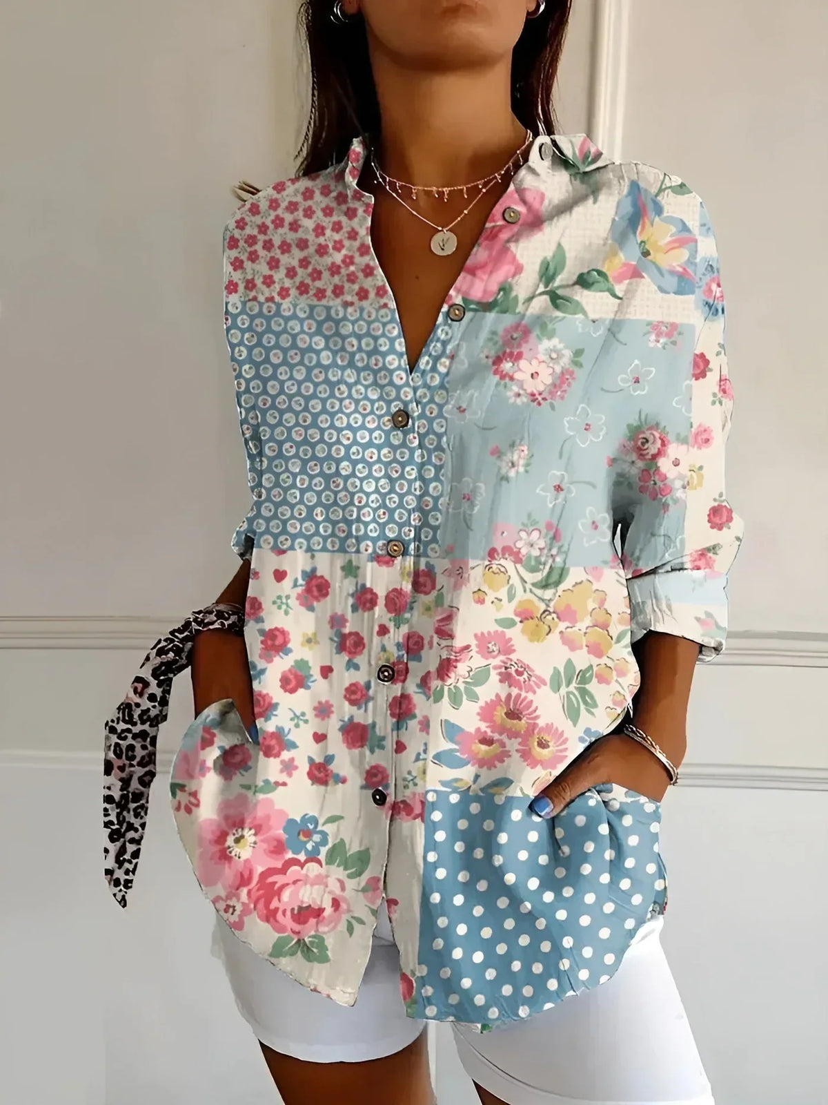 Blouse with Floral Print and Long Sleeves for Women
