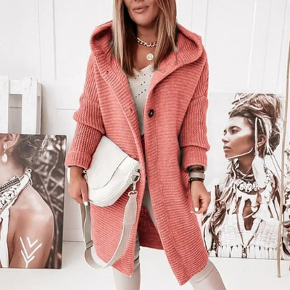 Mid-length knitted women's cardigan with buttons and hood - Ella
