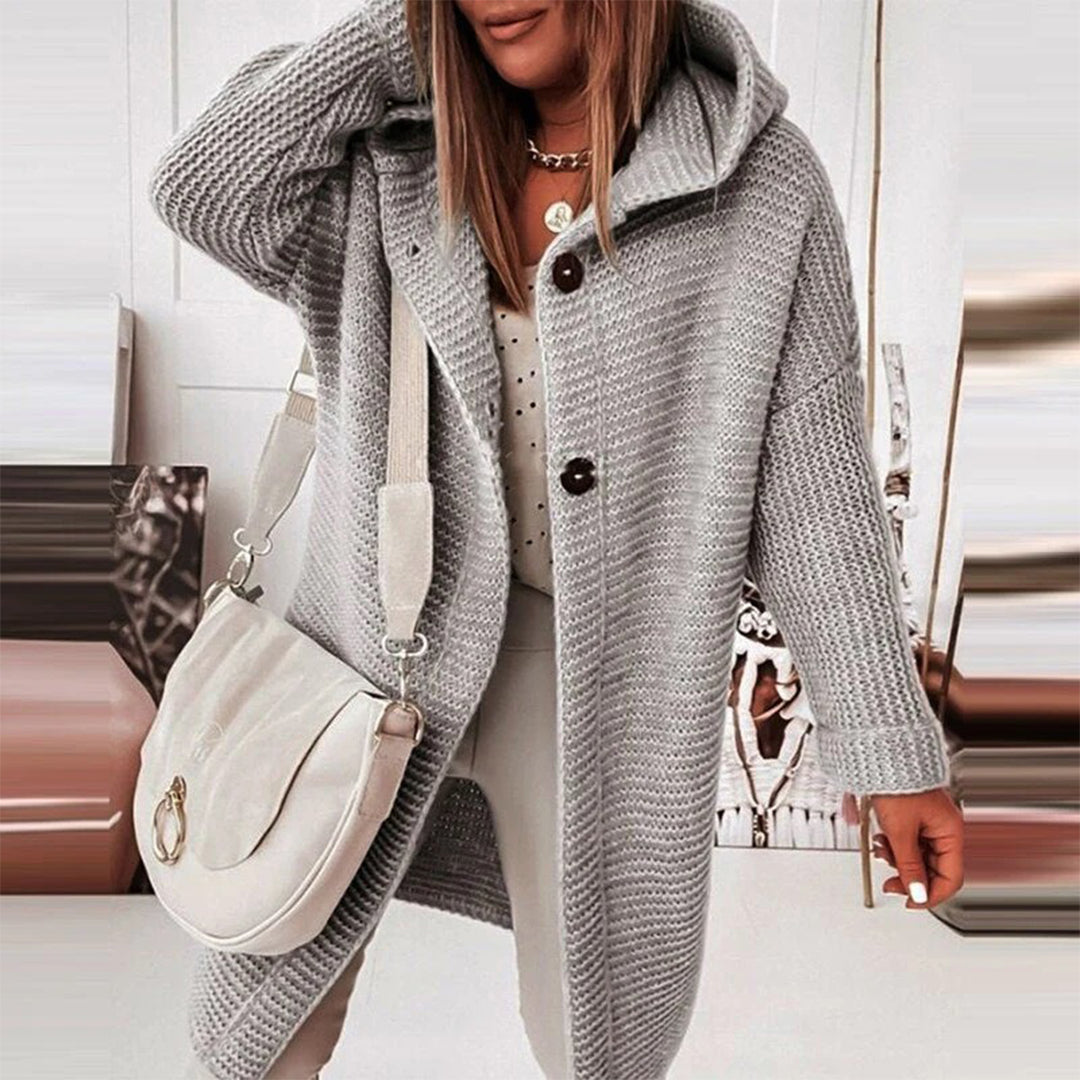 Mid-length knitted women's cardigan with buttons and hood - Ella