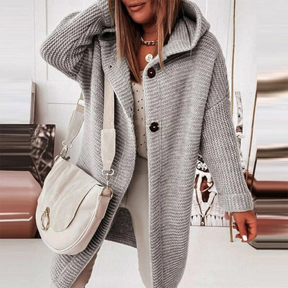 Mid-length knitted women's cardigan with buttons and hood - Ella