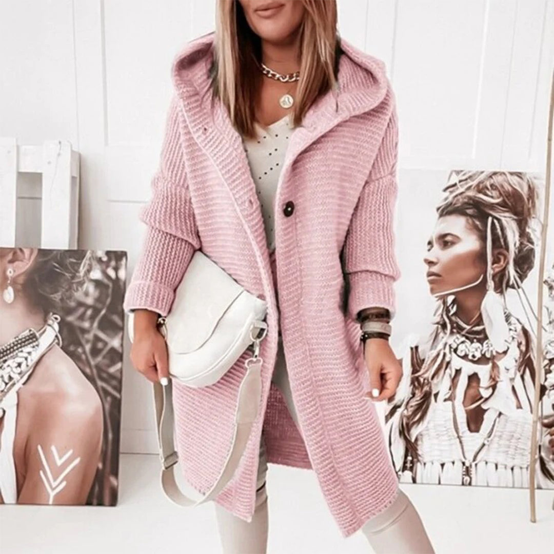 Mid-length knitted women's cardigan with buttons and hood - Ella