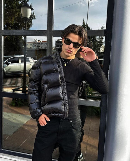 Puffer jacket with shiny finish and hood