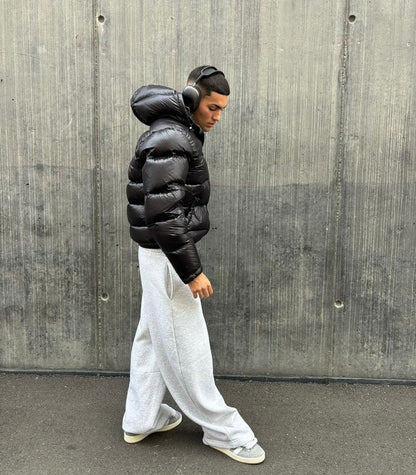 Puffer jacket with shiny finish and hood