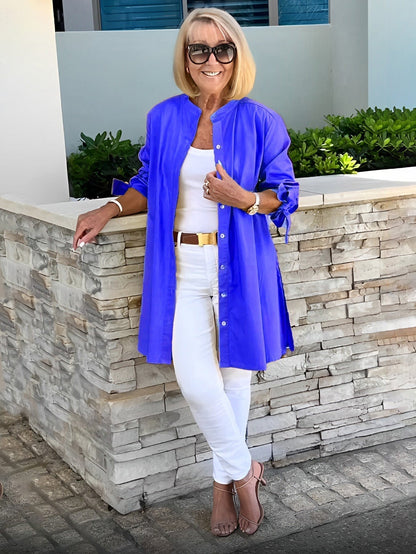 Long Blouse with Tie Sleeves and Button Closure for Women