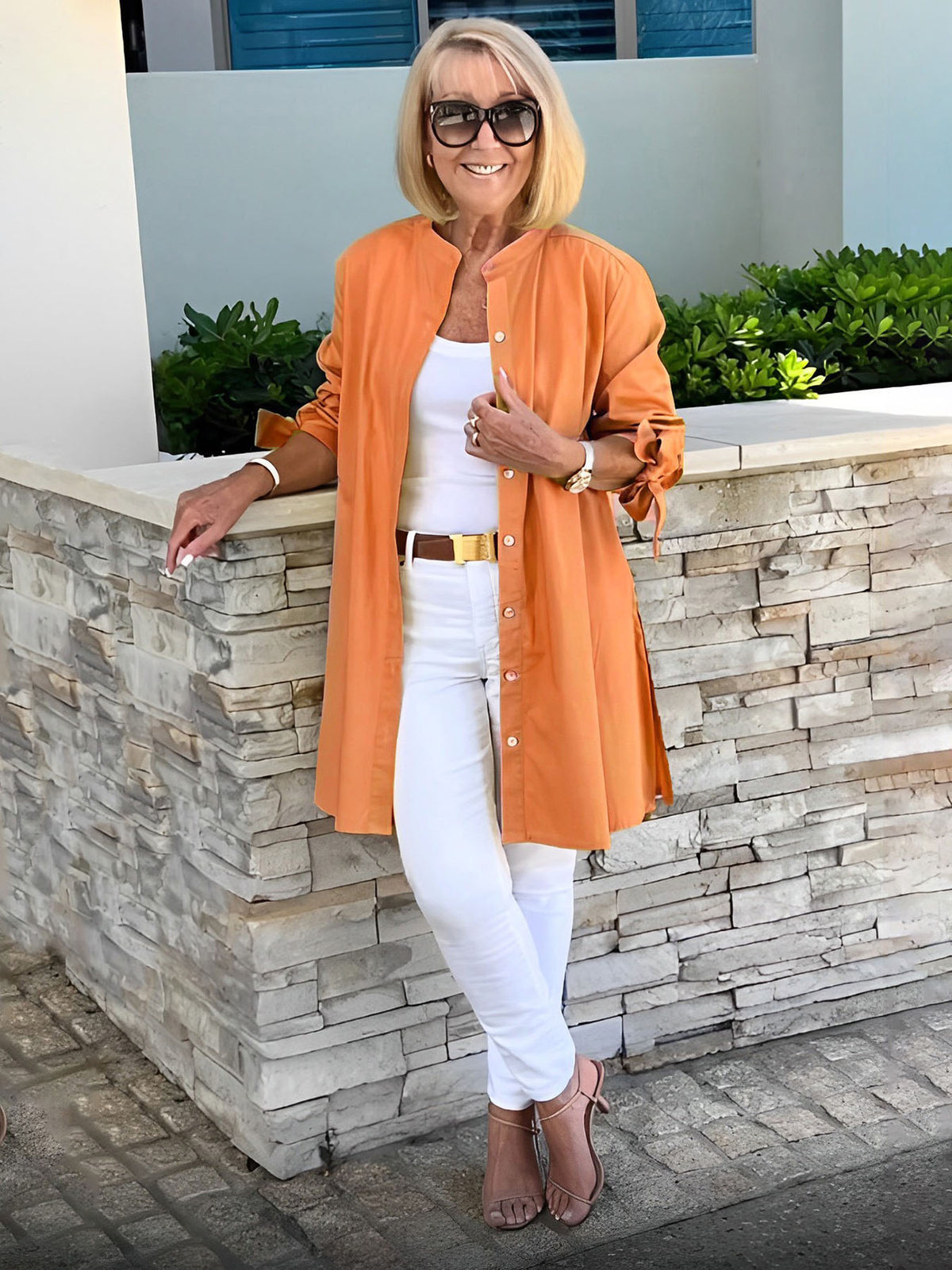 Long Blouse with Tie Sleeves and Button Closure for Women