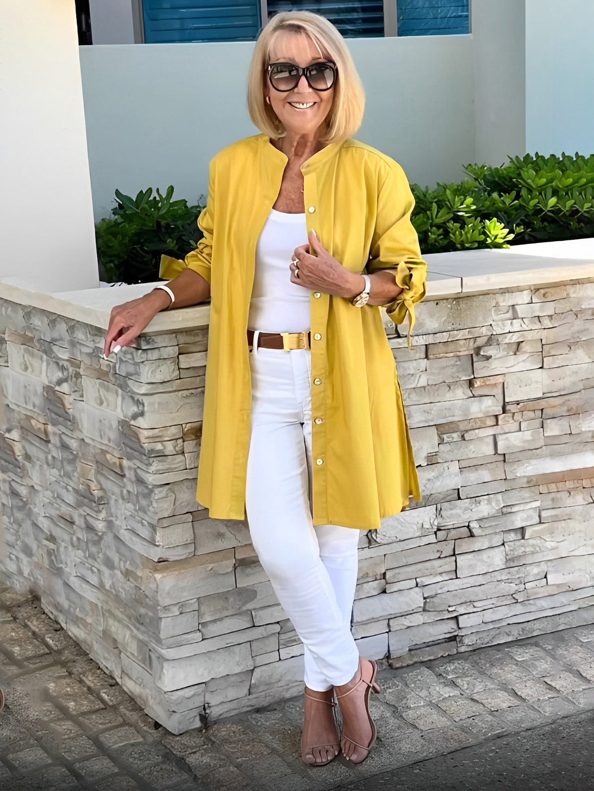 Long Blouse with Tie Sleeves and Button Closure for Women