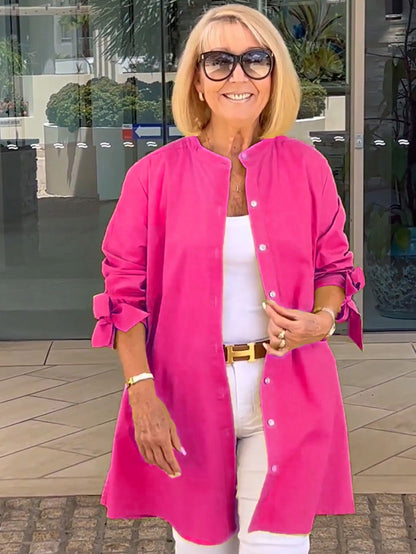 Long Blouse with Tie Sleeves and Button Closure for Women