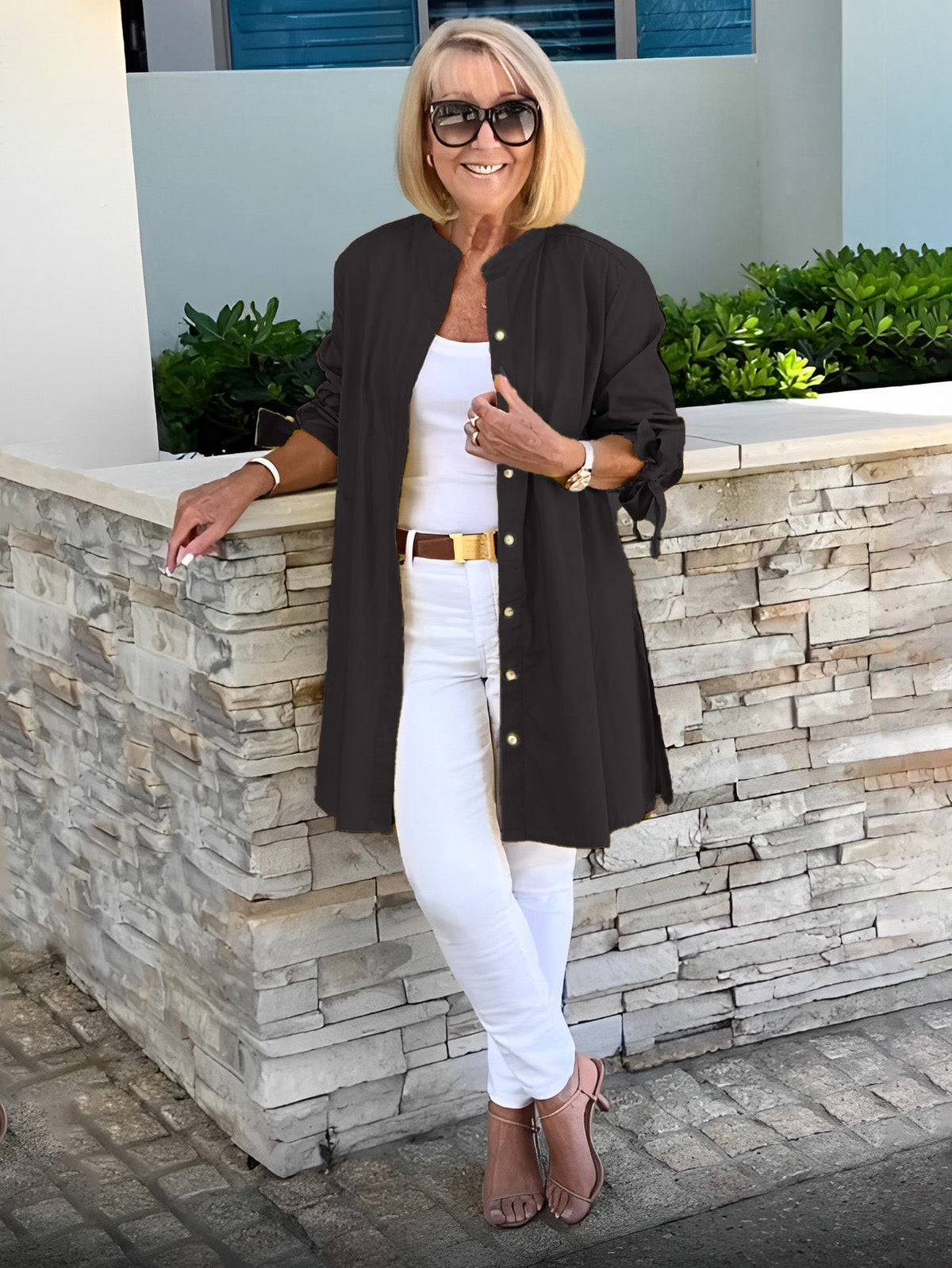 Long Blouse with Tie Sleeves and Button Closure for Women