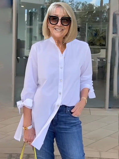 Long Blouse with Tie Sleeves and Button Closure for Women