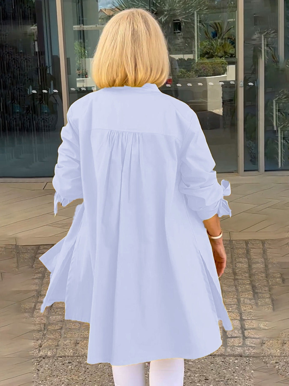 Long Blouse with Tie Sleeves and Button Closure for Women