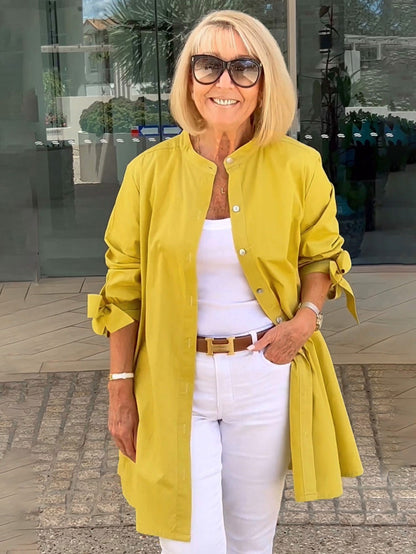 Long Blouse with Tie Sleeves and Button Closure for Women