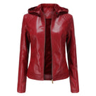 Leather Ladies Jacket with Removable Hood and Zipper