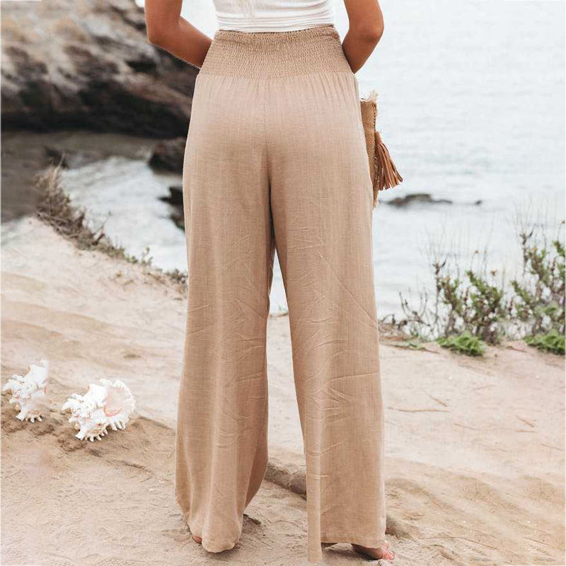 Pantaloni de damă din in, cu talie elastică încrețită și croială largă