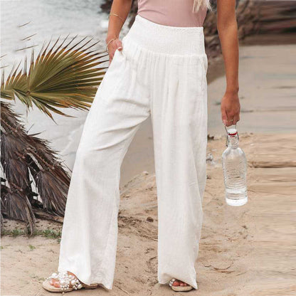 Pantaloni de damă din in, cu talie elastică încrețită și croială largă