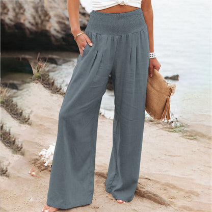 Pantaloni de damă din in, cu talie elastică încrețită și croială largă