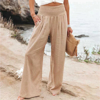 Pantaloni de damă din in, cu talie elastică încrețită și croială largă