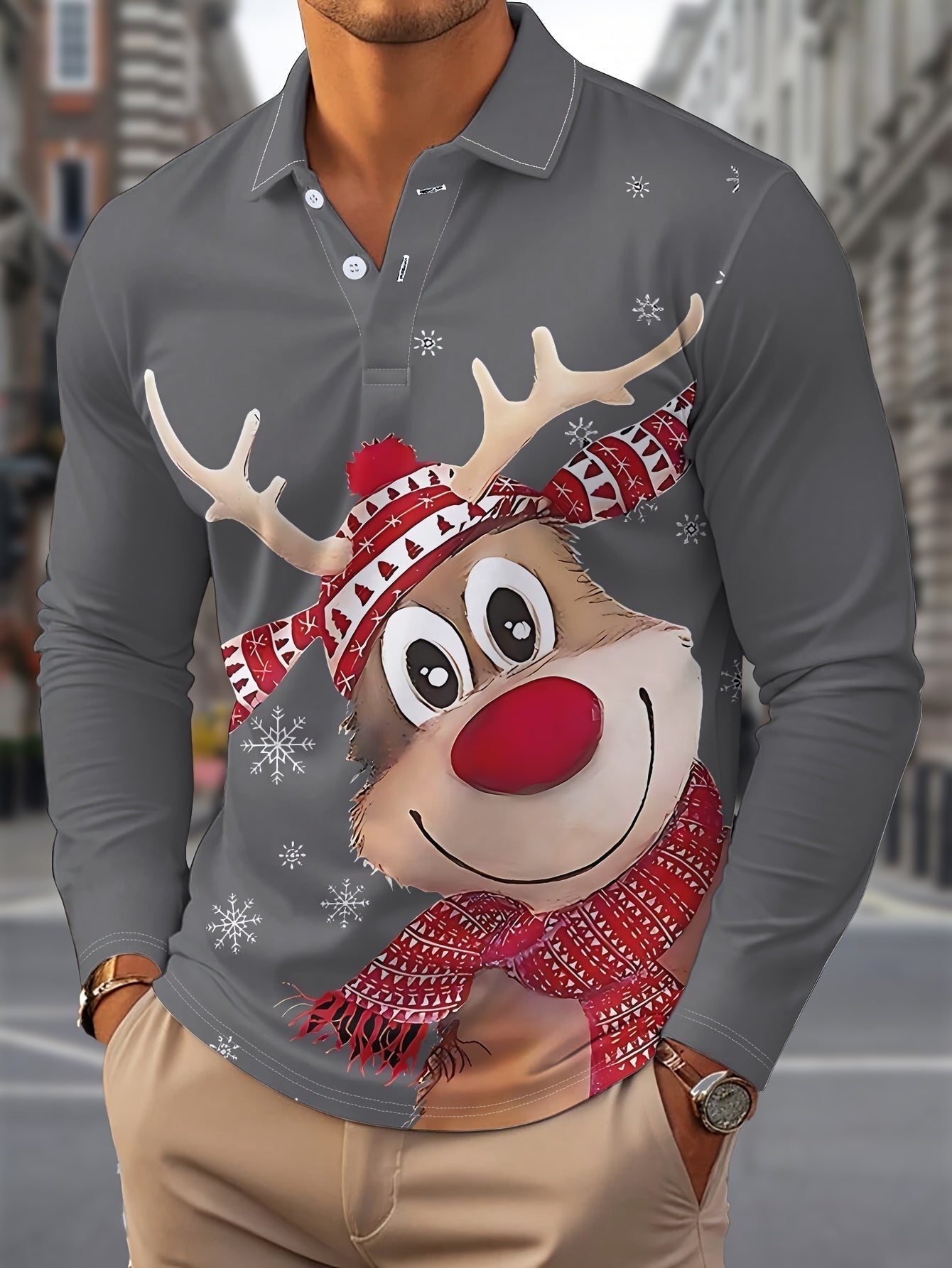 Reindeer | Casual Men's Christmas Shirt with Long Sleeves and Notched Collar