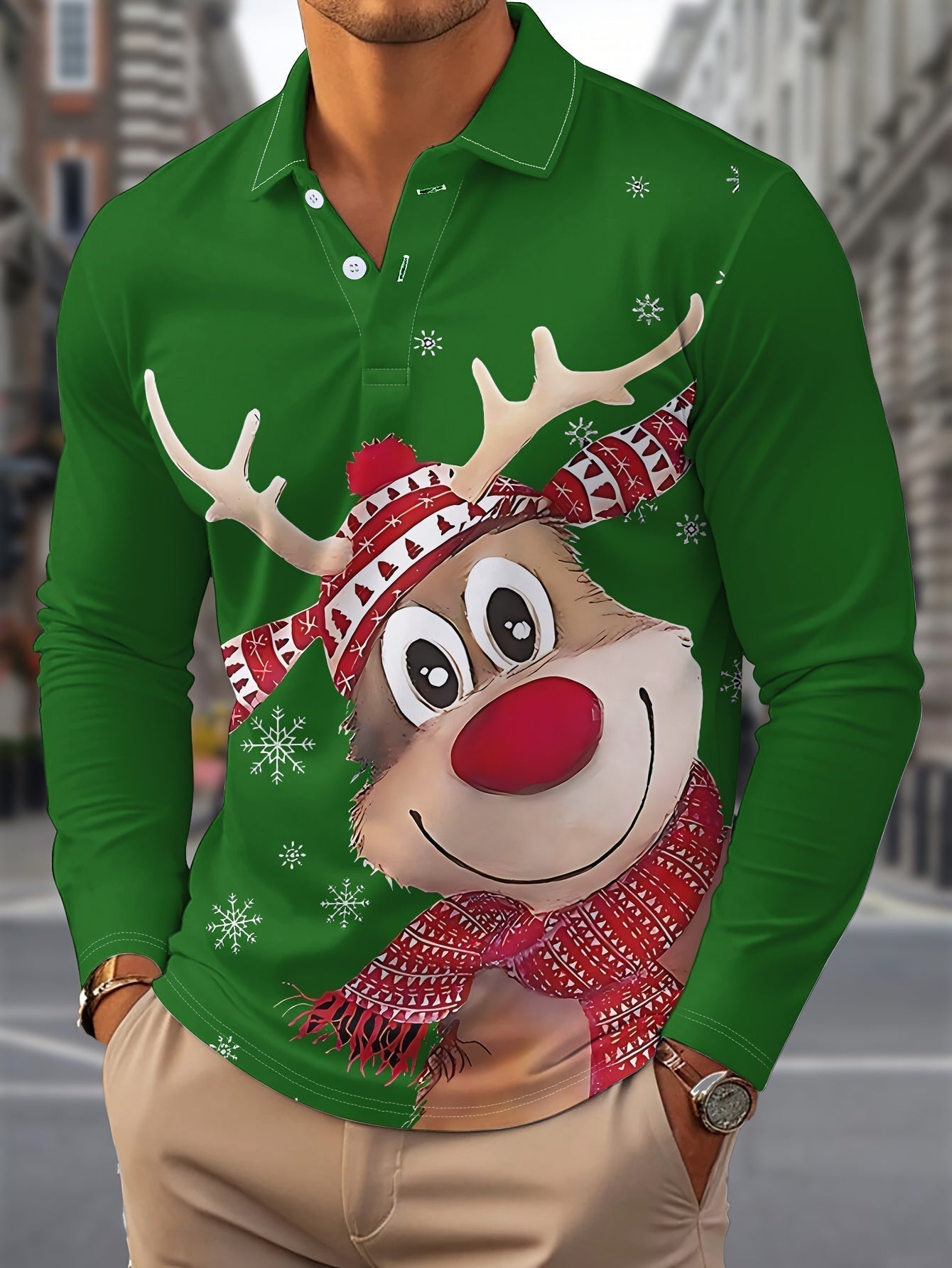 Reindeer | Casual Men's Christmas Shirt with Long Sleeves and Notched Collar