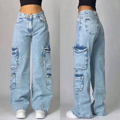 Ladies' Denim Baggy Jeans with Cargo Pockets and Wide Legs