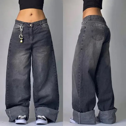 Ladies' Denim Baggy Jeans with Cargo Pockets and Wide Legs