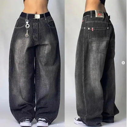 Ladies' Denim Baggy Jeans with Cargo Pockets and Wide Legs