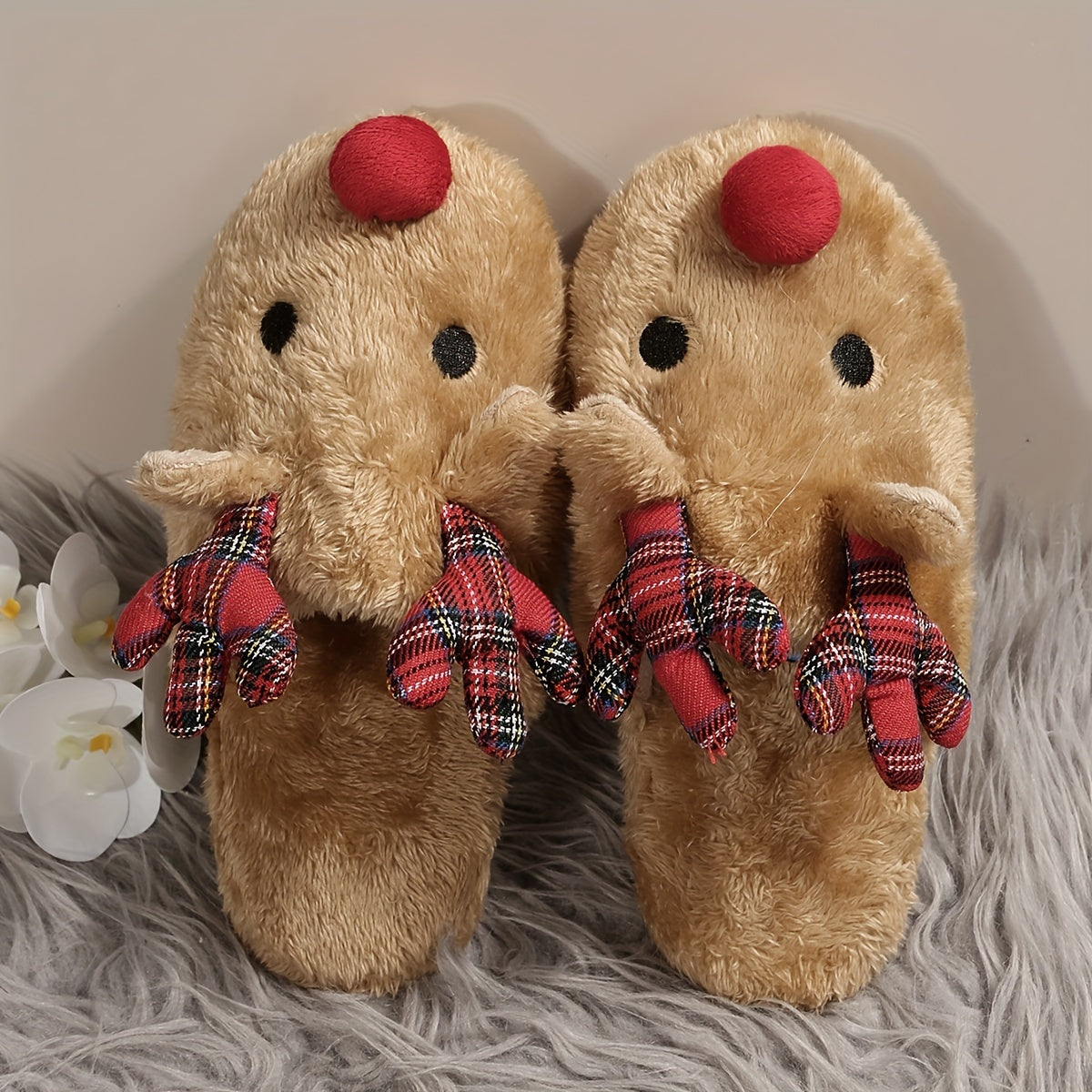 Rudolf | Cosy Christmas Reindeer Plush Slippers for Women