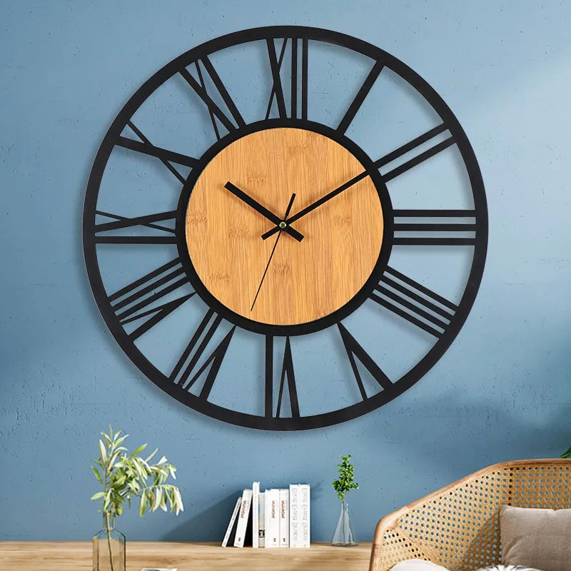 Large Round Wooden Wall Clock - Roman Numerals - Timeless Design