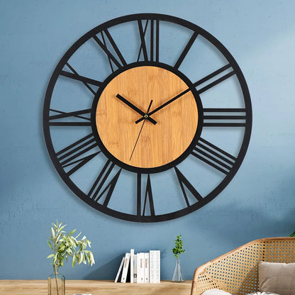 Large Round Wooden Wall Clock - Roman Numerals - Timeless Design