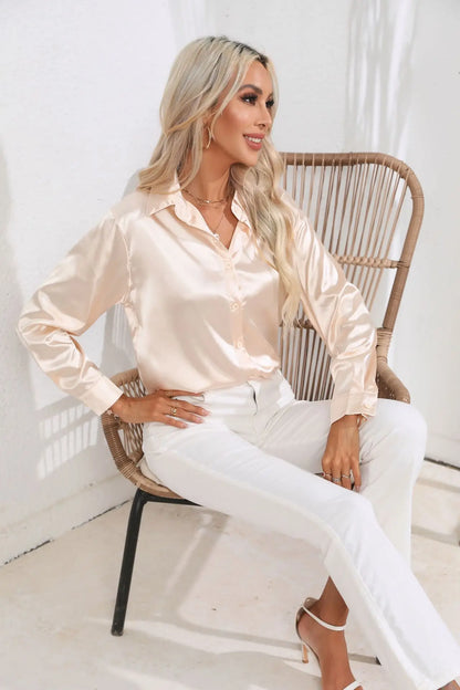 Ladies Luxe Satin Blouse with Collar and Curved Hem