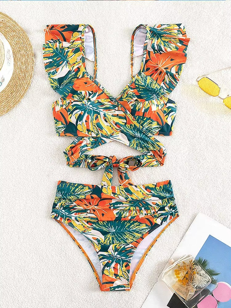 Set bikini a vita alta tropicale con stampa vivace
