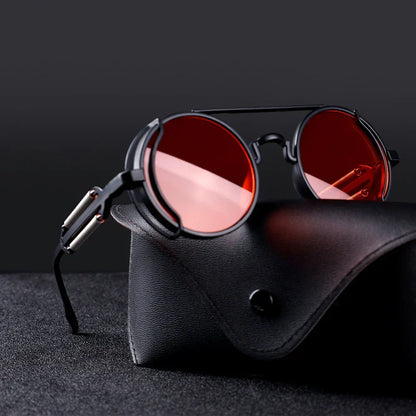 Óculos de sol redondos steampunk com lentes vermelhas e armação metálica
