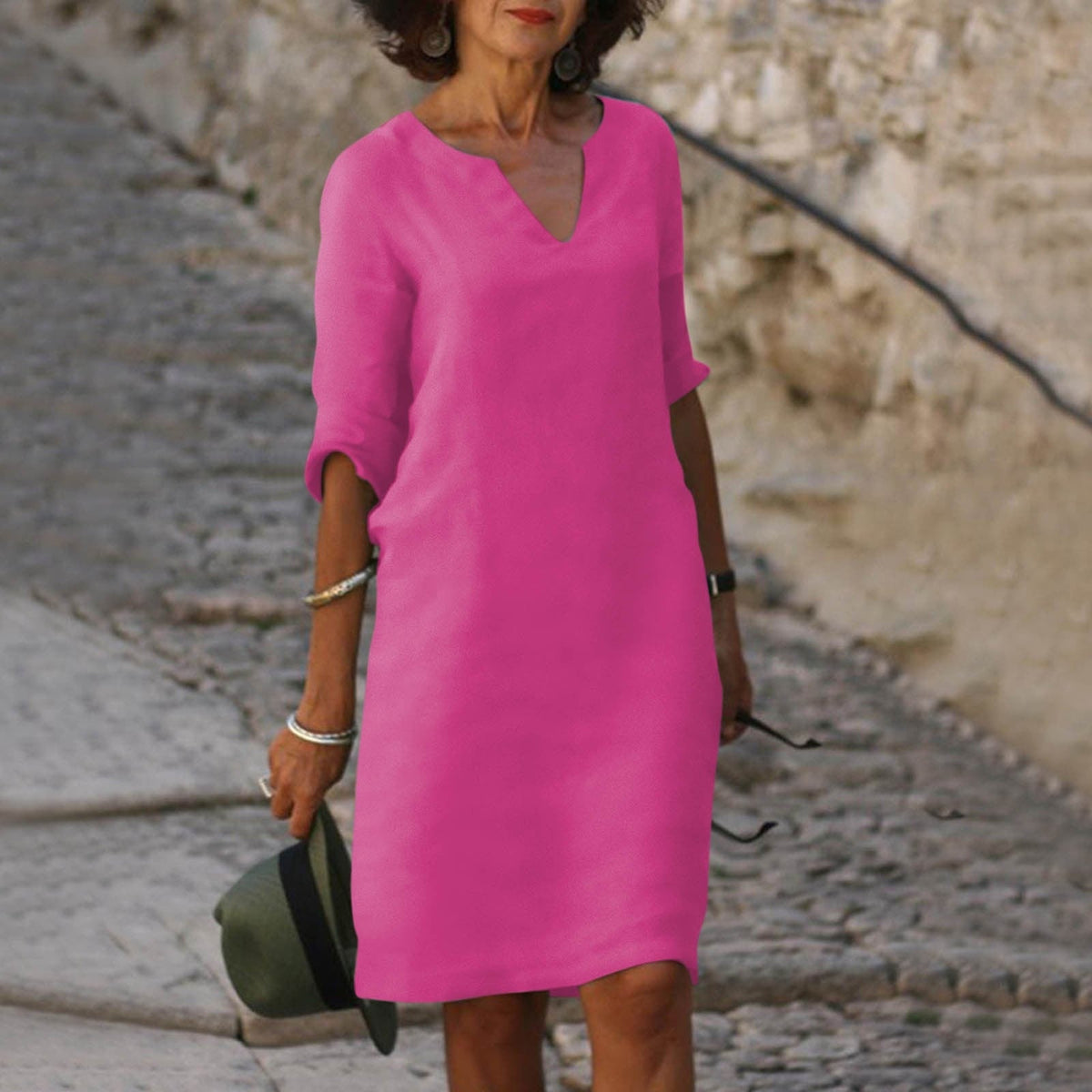 Damen-Sommerkleid mit V-Ausschnitt und gerader Passform