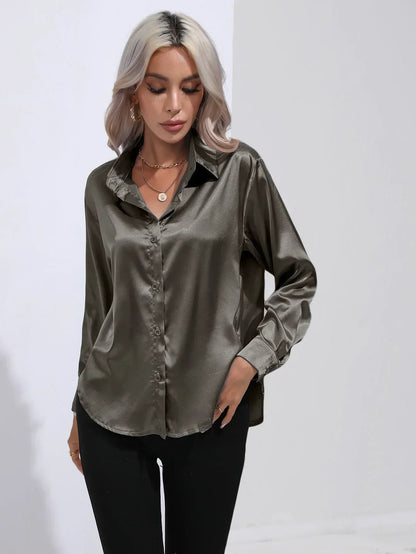 Ladies Luxe Satin Blouse with Collar and Curved Hem