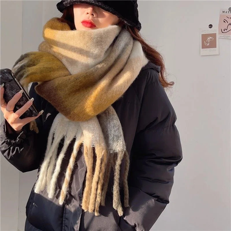 Scarf for Women Checked Winter with Fringes