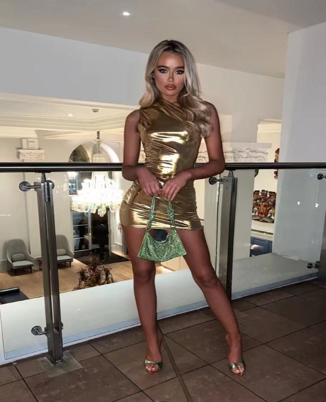 Cinzia – Vestido Mini Sexy Metálico de Um Ombro Só