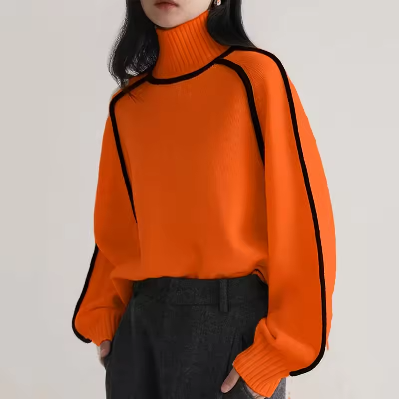 Warm Knitted Turtleneck Sweater for Women with Stripe Detail